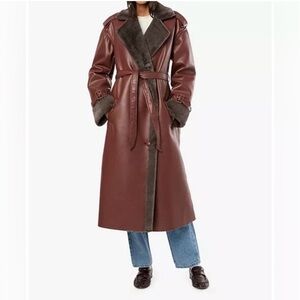 Long WeWoreWhat Auburn Vegan Leather Trench Coat with Faux Fur Lining